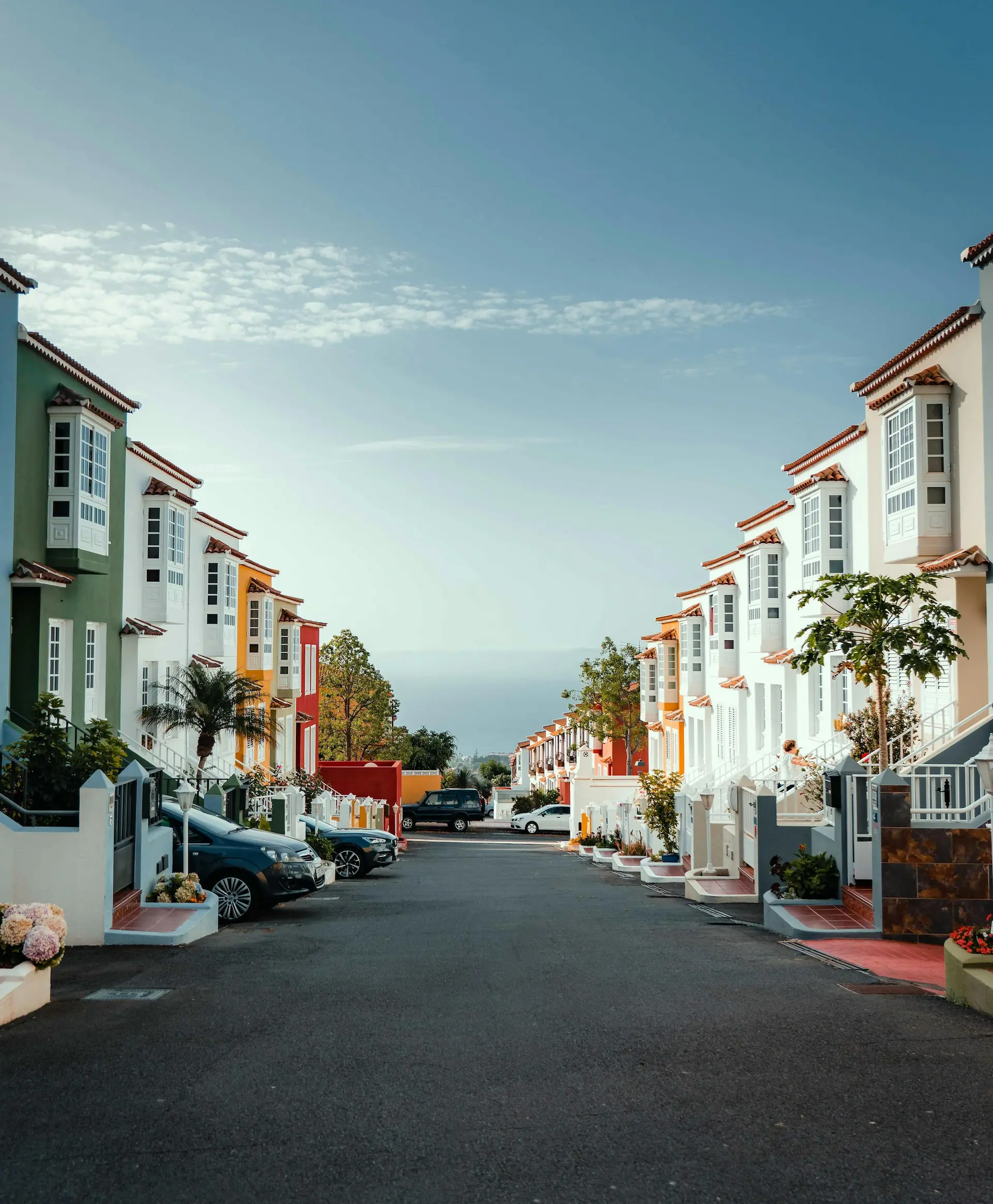 Colorful residential buildings with palm trees